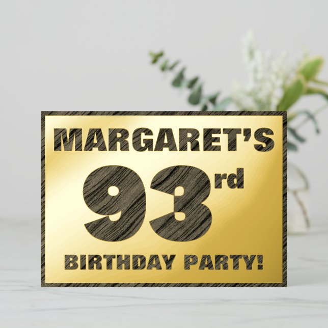 93rd Birthday Party — Bold, Faux Wood Grain Text Foil Invitation (Standing Front)