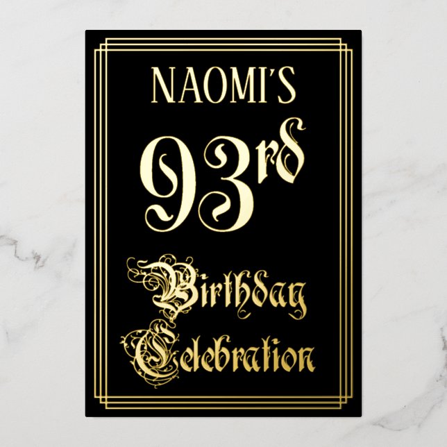 93rd Birthday Party — Fancy Script & Custom Name Foil Invitation (Front)