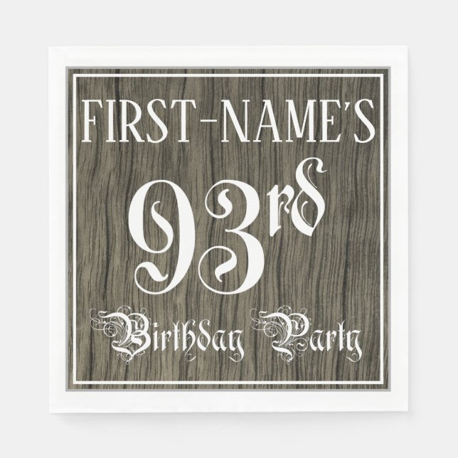93rd Birthday Party — Fancy Script, Faux Wood Look Napkins (Front)