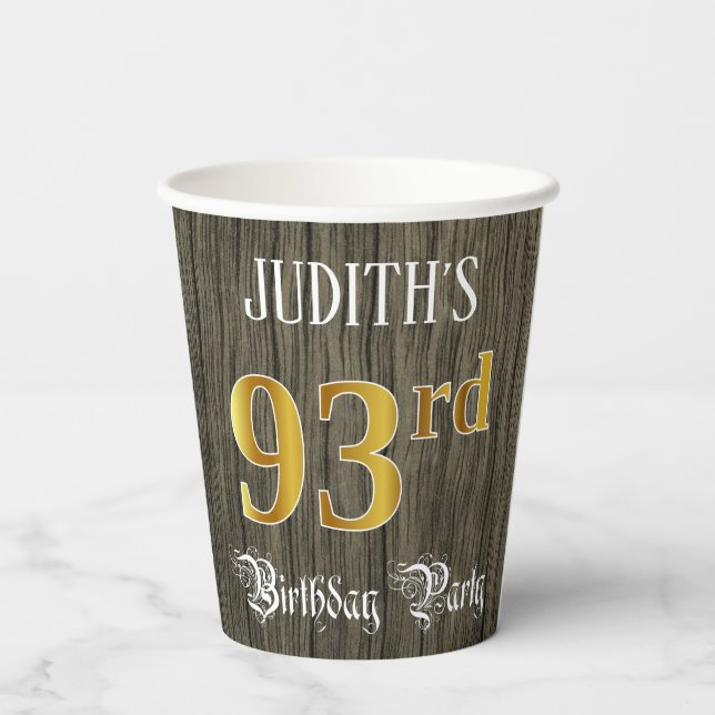 93rd Birthday Party — Faux Gold & Faux Wood Looks Paper Cups (Back)
