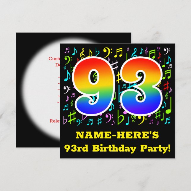 93rd Birthday Party: Fun Music Symbols, Rainbow 93 Invitation (Front/Back)