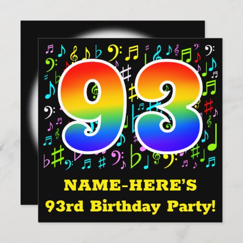 93rd Birthday Party Fun Music Symbols Rainbow 93 Invitation