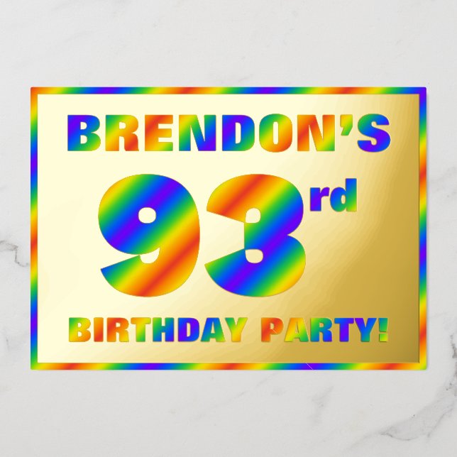 93rd Birthday Party — Fun, Rainbow Spectrum “93” Foil Invitation (Front)
