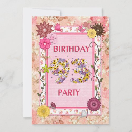 93rd birthday party invitation with floral frame