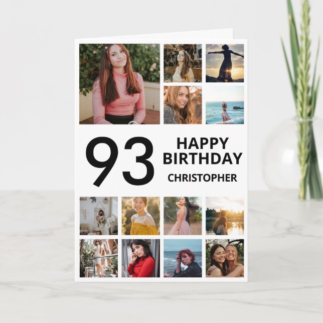 93rd Birthday Photo Collage 13 Photos Black White Card (Front)