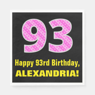 93rd Birthday: Pink Stripes and Hearts "93" + Name Napkins