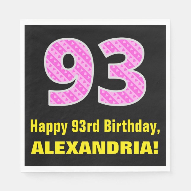 93rd Birthday: Pink Stripes and Hearts "93" + Name Napkins (Front)