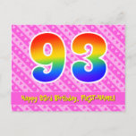 [ Thumbnail: 93rd Birthday: Pink Stripes & Hearts, Rainbow 93 Postcard ]