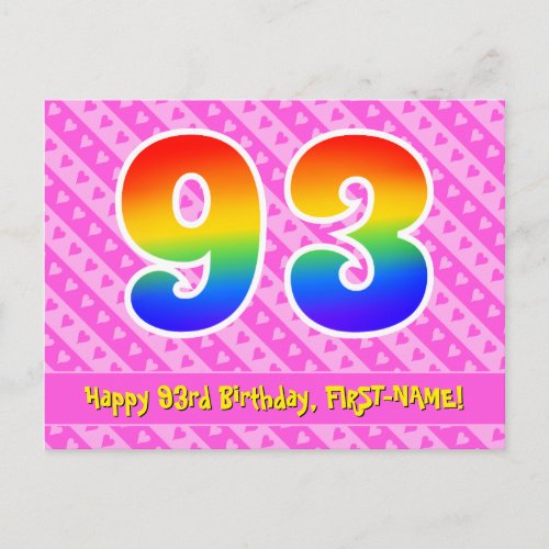 93rd Birthday Pink Stripes  Hearts Rainbow 93 Postcard