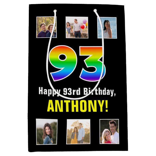 93rd Birthday: Rainbow “93“, Custom Photos & Name Medium Gift Bag (Front)