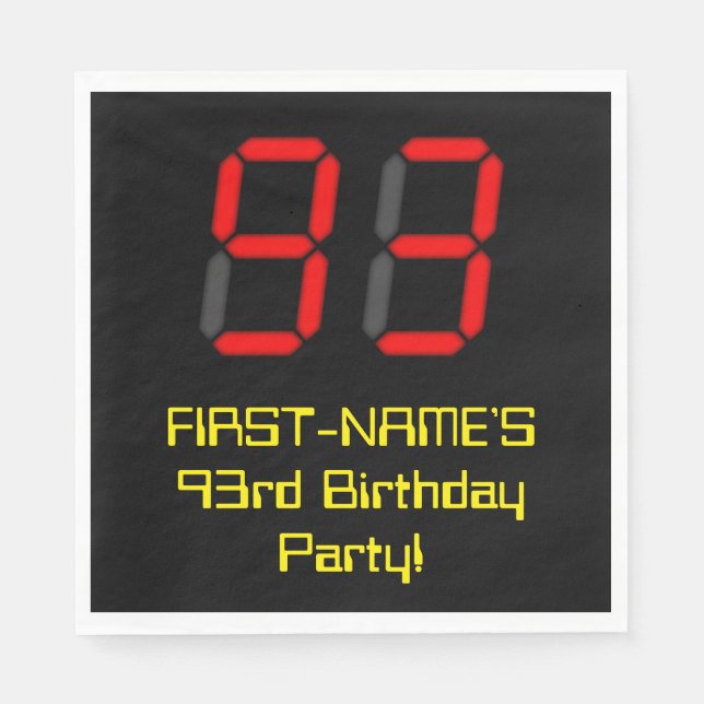 93rd Birthday: Red Digital Clock Style "93" + Name Napkins (Front)