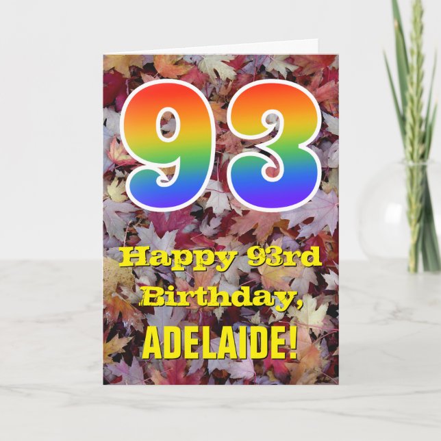93rd Birthday; Rustic Autumn Leaves; Rainbow "93" Card (Front)