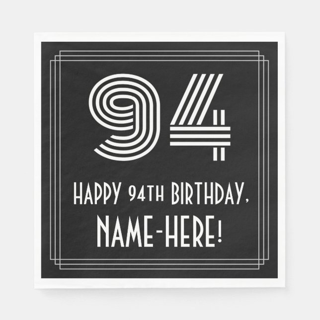 94th Birthday: Art Deco Inspired Look "94" + Name Napkins (Front)