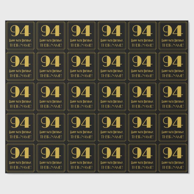 94th Birthday ~ Art Deco Inspired Look "94", Name Wrapping Paper (Flat)