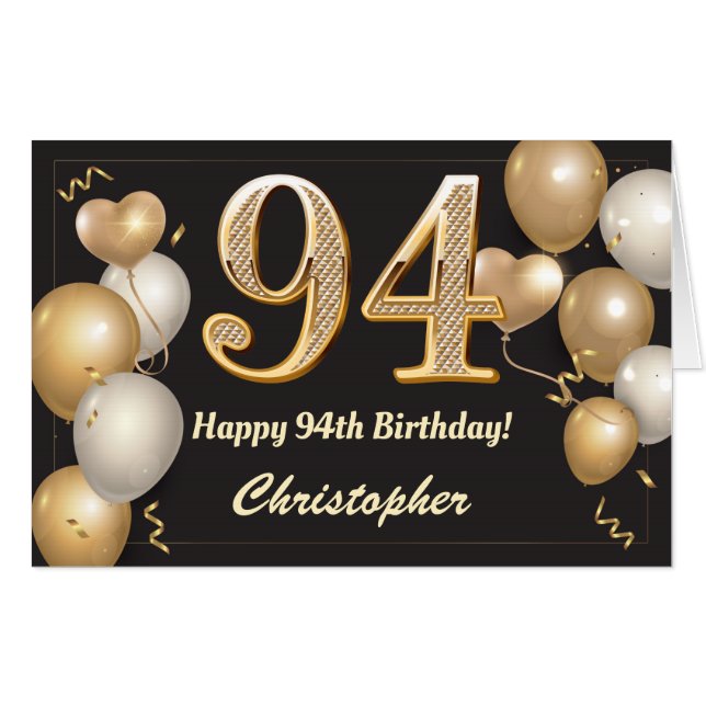 94th Birthday Black and Gold Balloons Extra Large Card (Front Horizontal)