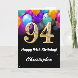 94th Birthday Black and Gold Colorful Balloons Card