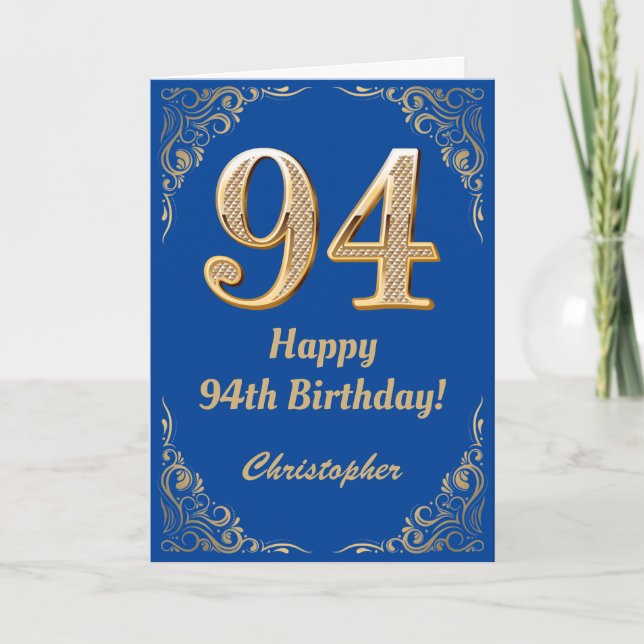 94th Birthday Blue and Gold Glitter Frame Card (Front)