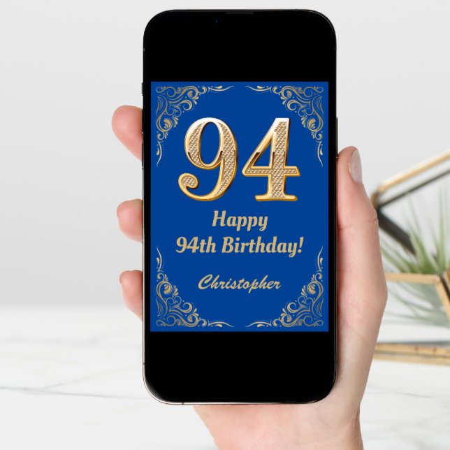 94th Birthday Blue and Gold Glitter Frame Card (Front Digital)