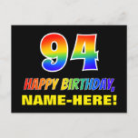 [ Thumbnail: 94th Birthday: Bold, Fun, Simple, Rainbow 94 Postcard ]