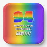 [ Thumbnail: 94th Birthday: Colorful, Fun Rainbow Pattern # 94 Paper Plates ]