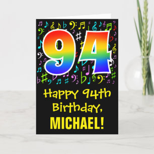 94th Birthday: Colorful Music Symbols + Rainbow 94 Card