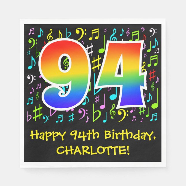 94th Birthday - Colorful Music Symbols, Rainbow 94 Napkins (Front)