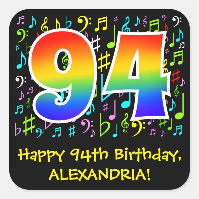 94th Birthday: Colorful Music Symbols, Rainbow 94 Square Sticker (Front)