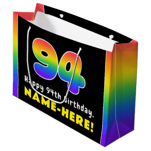 94th Birthday: Colorful Rainbow # 94, Custom Name Large Gift Bag