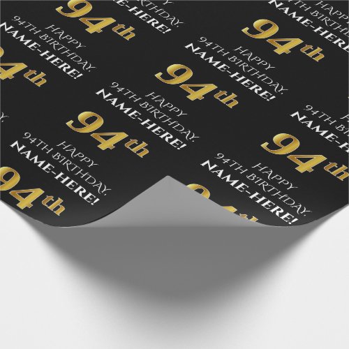 94th Birthday Elegant Black Faux Gold Look Wrapping Paper