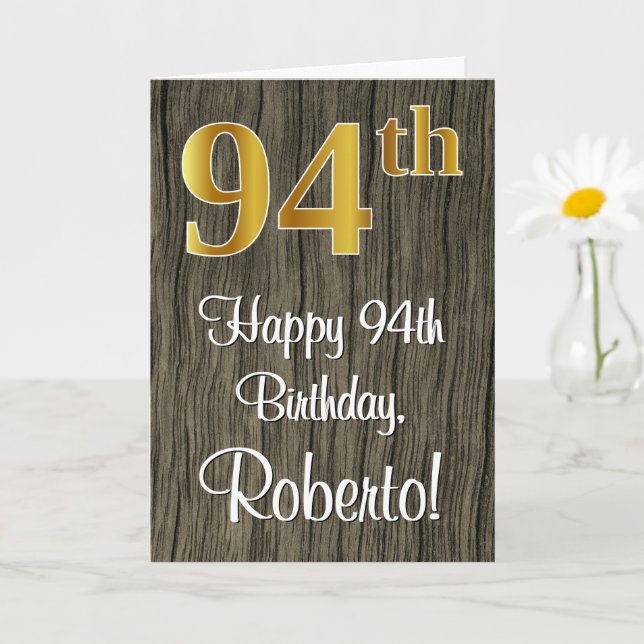 94th Birthday: Elegant Faux Gold Look #, Faux Wood Card (Small Plant)