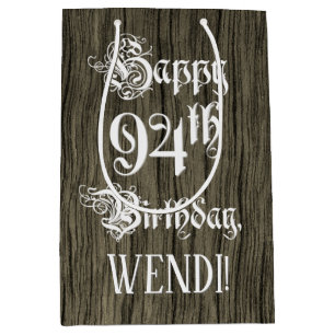 94th Birthday: Fancy, Faux Wood Look + Custom Name Medium Gift Bag