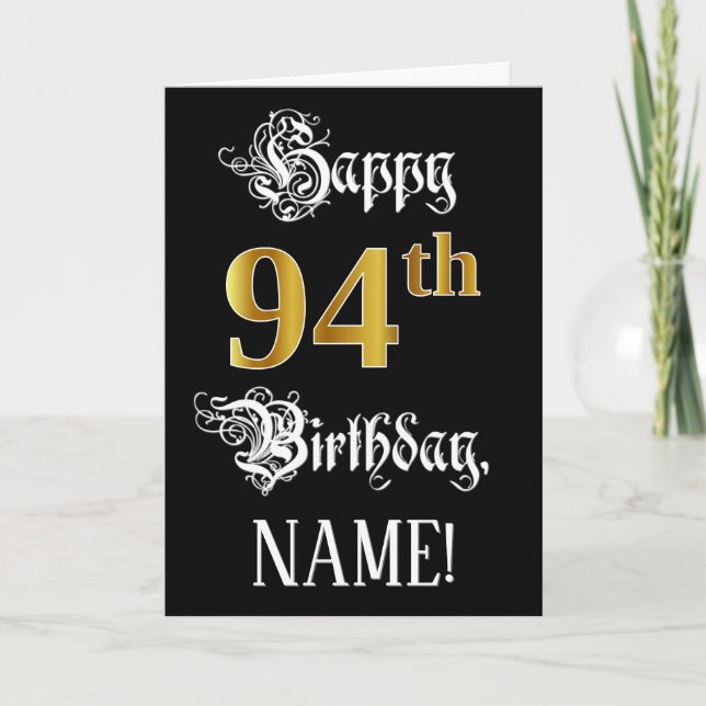 94th Birthday — Fancy Script; Faux Gold Look; Name Card (Front)