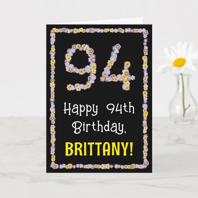 94th Birthday: Floral Flowers Number, Custom Name Card (Small Plant)