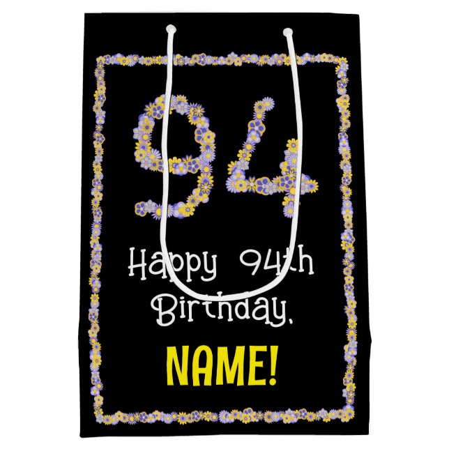 94th Birthday: Floral Flowers Number, Custom Name Medium Gift Bag (Back)