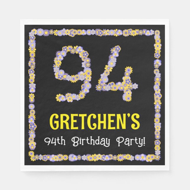 94th Birthday: Floral Flowers Number, Custom Name Napkins (Front)