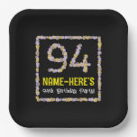[ Thumbnail: 94th Birthday: Floral Flowers Number, Custom Name Paper Plates ]
