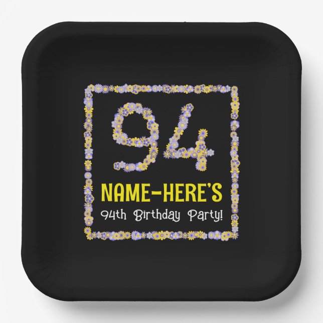 94th Birthday: Floral Flowers Number, Custom Name Paper Plates (Front)