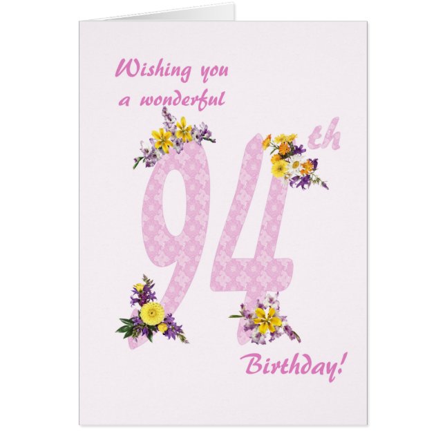 94th Birthday Flower Decorated Numbers Cards (Front)