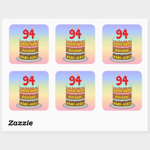 94th Birthday Fun Cake and Candles  Custom Name Square Sticker