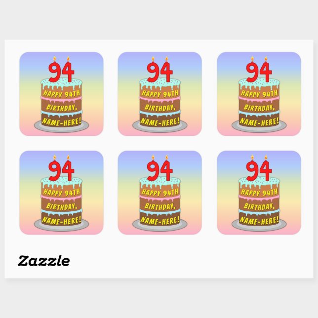 94th Birthday: Fun Cake and Candles + Custom Name Square Sticker (Sheet)