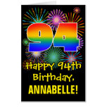 [ Thumbnail: 94th Birthday: Fun Fireworks Pattern & Rainbow 94 Card ]