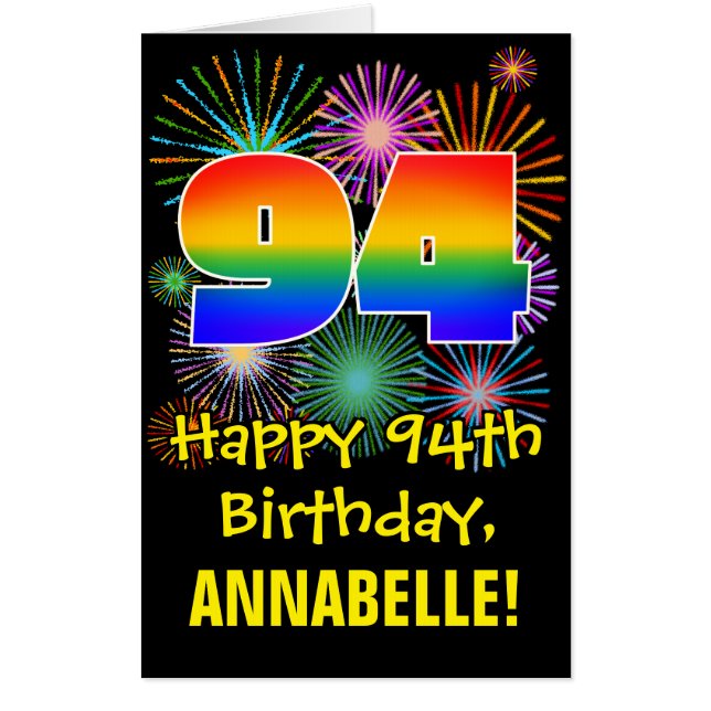 94th Birthday: Fun Fireworks Pattern & Rainbow 94 Card (Front)