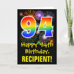 [ Thumbnail: 94th Birthday: Fun Fireworks Pattern + Rainbow 94 Card ]