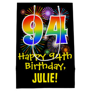 94th Birthday: Fun Fireworks Pattern + Rainbow 94 Medium Gift Bag