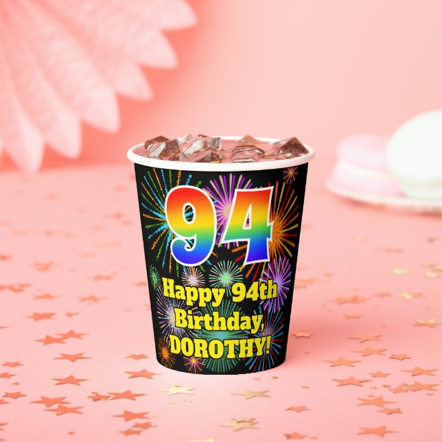94th Birthday: Fun Fireworks Pattern + Rainbow 94 Paper Cups (Insitu)