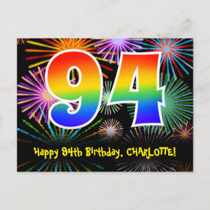 94th Birthday – Fun Fireworks Pattern + Rainbow 94 Postcard