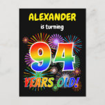 [ Thumbnail: 94th Birthday - Fun Fireworks, Rainbow Look "94" Postcard ]
