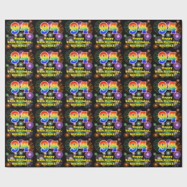 94th Birthday: Fun Fireworks, Rainbow Look # “94” Wrapping Paper (Seam)