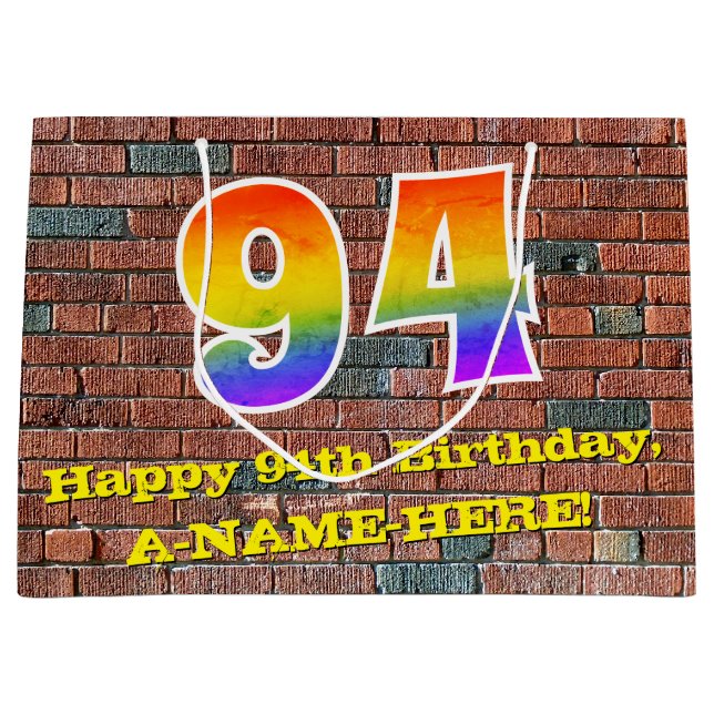 94th Birthday: Fun, Graffiti-Inspired Rainbow # 94 Large Gift Bag (Front)
