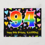 [ Thumbnail: 94th Birthday: Fun Hearts Pattern, Rainbow 94 Postcard ]